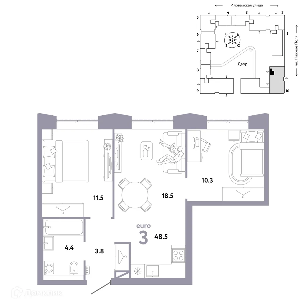 Планировка 3-комнатной квартиры 48.5 м² в ЖК СТРАНА.ЗАРЕЧНАЯ, г. Москва — фото 1