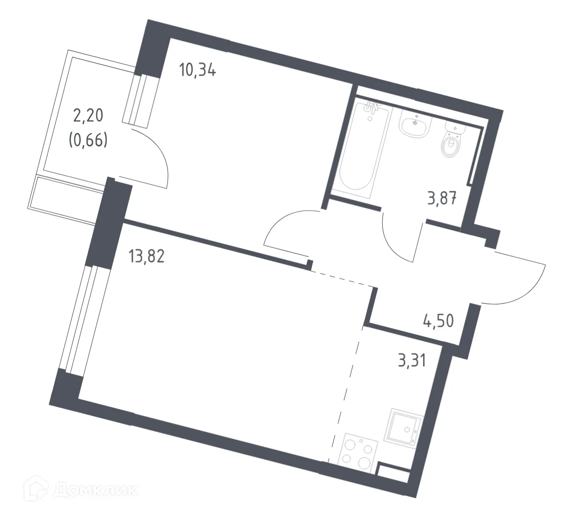 Планировка 1-комнатной квартиры 36.5 м² в ЖК Молжаниново, г. Москва — фото 1