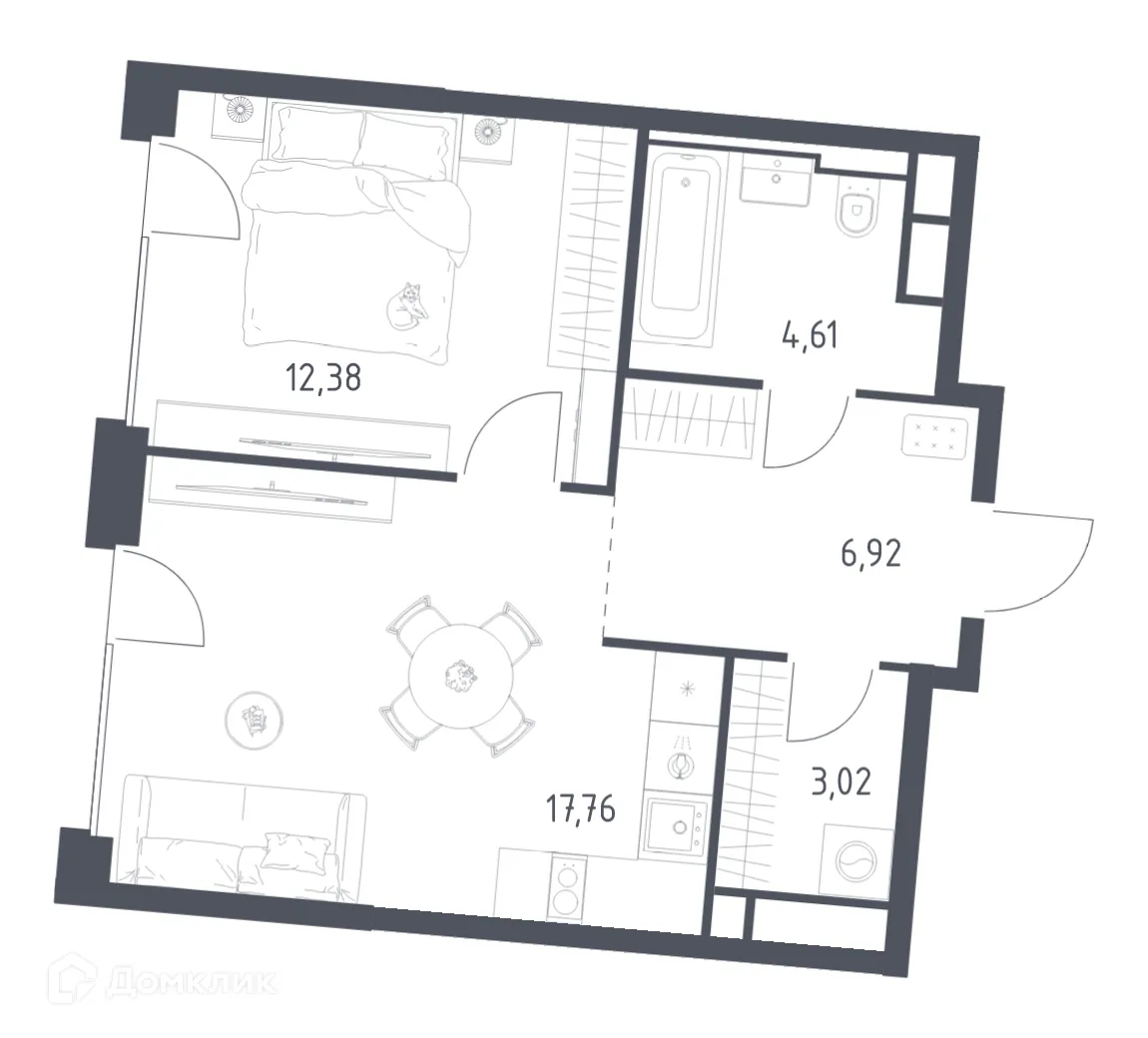 Планировка 1-комнатной квартиры 44.69 м² в ЖК Графика на воде, г. Москва — фото 1