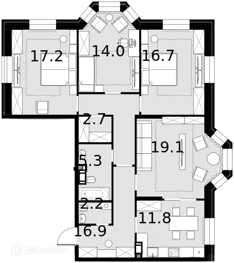 Планировка 4-комнатной квартиры 104.9 м² в ЖК Театральный квартал, г. Москва — фото 1