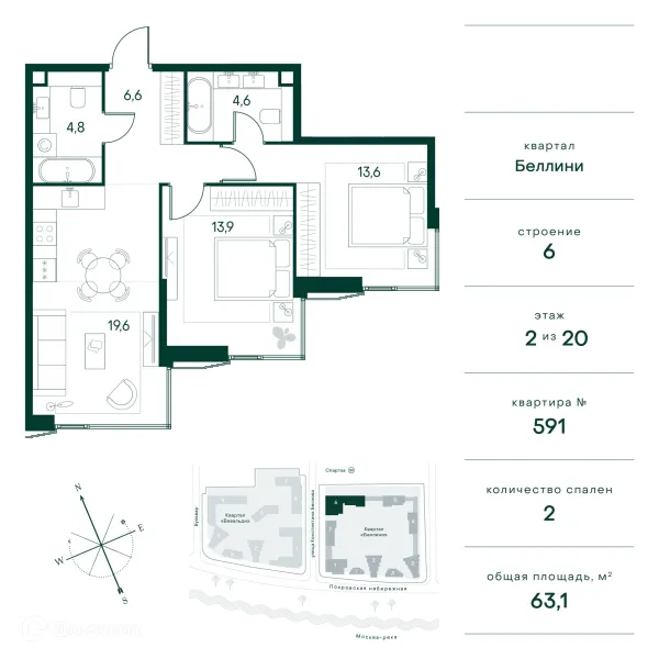 Планировка 2 комн. в ЖК "Клубный город на реке Primavera" (Клубный город на реке Примавера)
