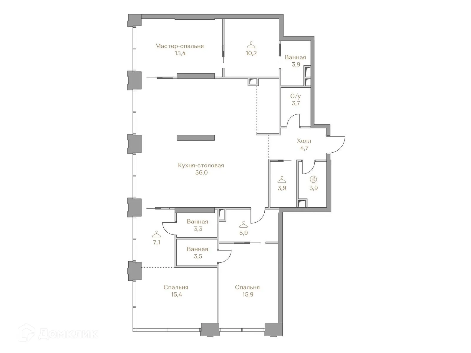 Планировка 3-комнатной квартиры 152.8 м² в ЖК «Luzhniki Collection (Коллекция Лужники)», г. Москва — фото 1