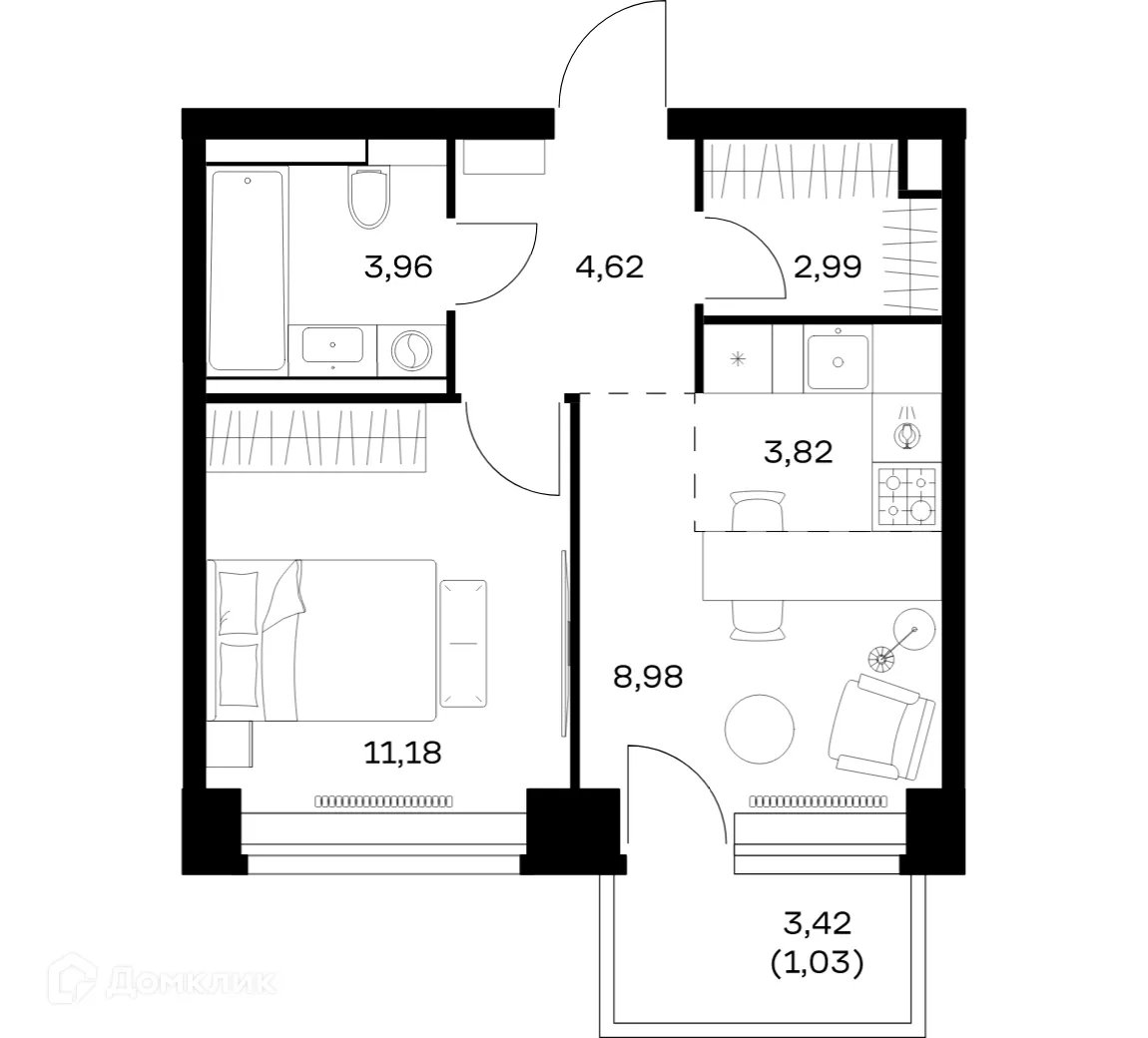 Планировка 1-комнатной квартиры 36.58 м² в ЖК NOVA (НОВА), г. Москва — фото 1