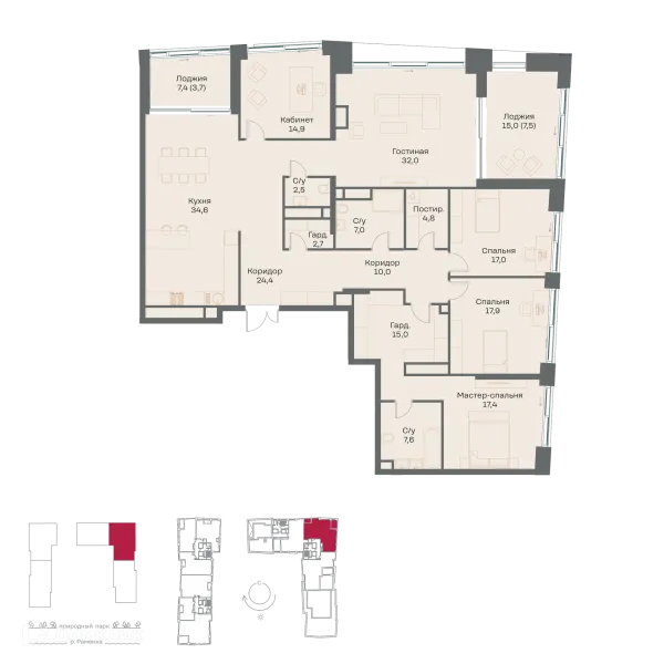 Планировка 5 комн. в ЖК "РЕКА"