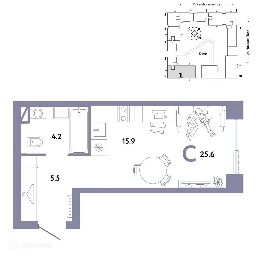 Планировка студии квартиры 25.6 м² в ЖК СТРАНА.ЗАРЕЧНАЯ, г. Москва — фото 1