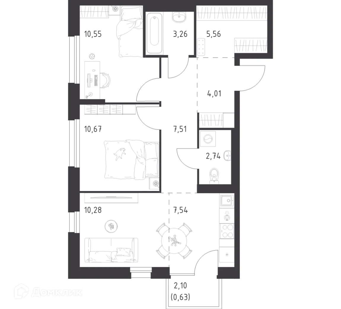 Планировка 2-комнатной квартиры 62.75 м² в ЖК Новое Внуково, г. Москва — фото 1