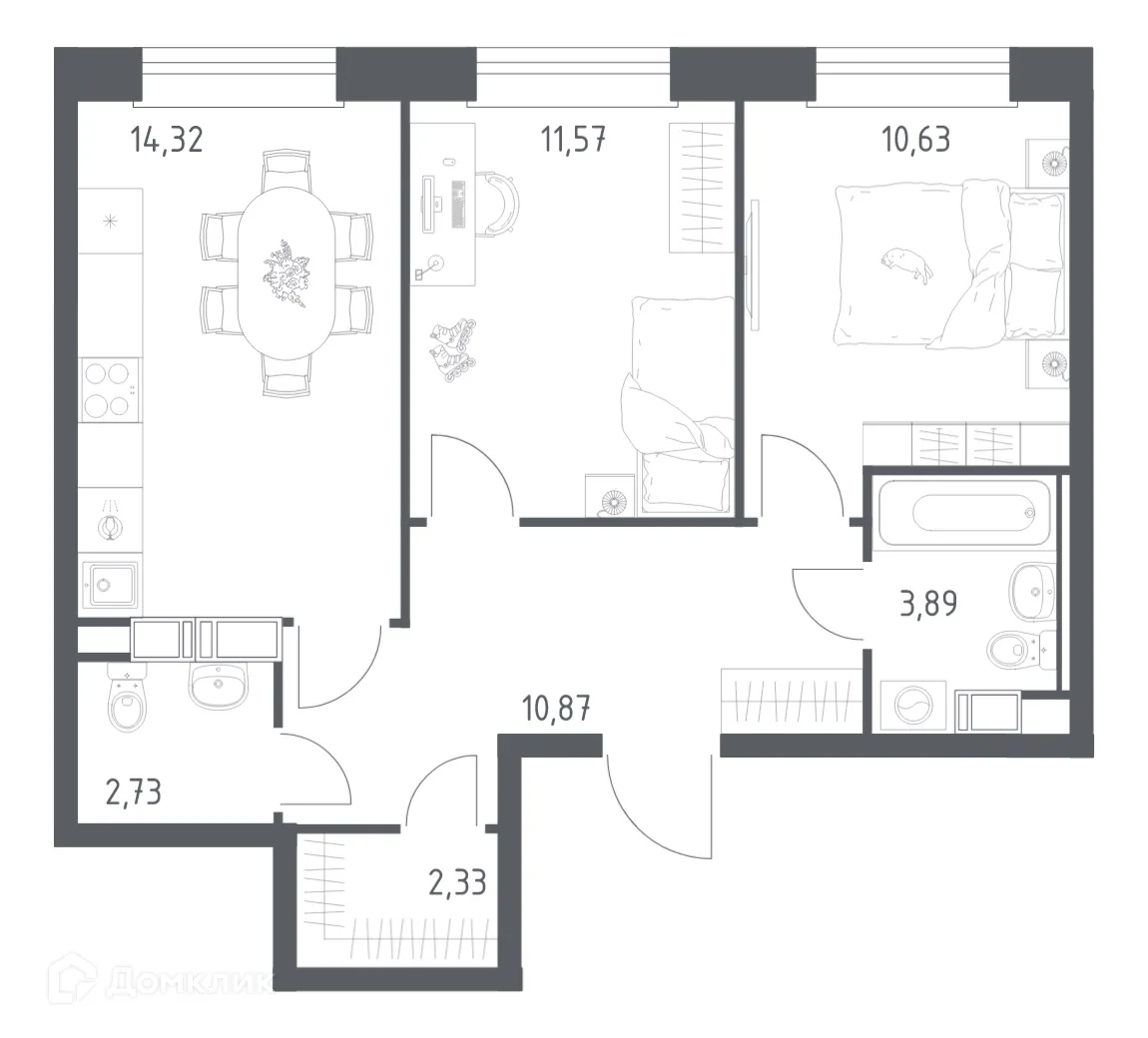 Планировка 2-комнатной квартиры 56.34 м² в ЖК Эко Бунино, г. Москва — фото 1