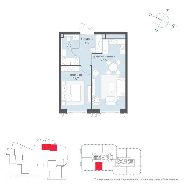 Планировка 1 комн. в ЖК Татарская 35