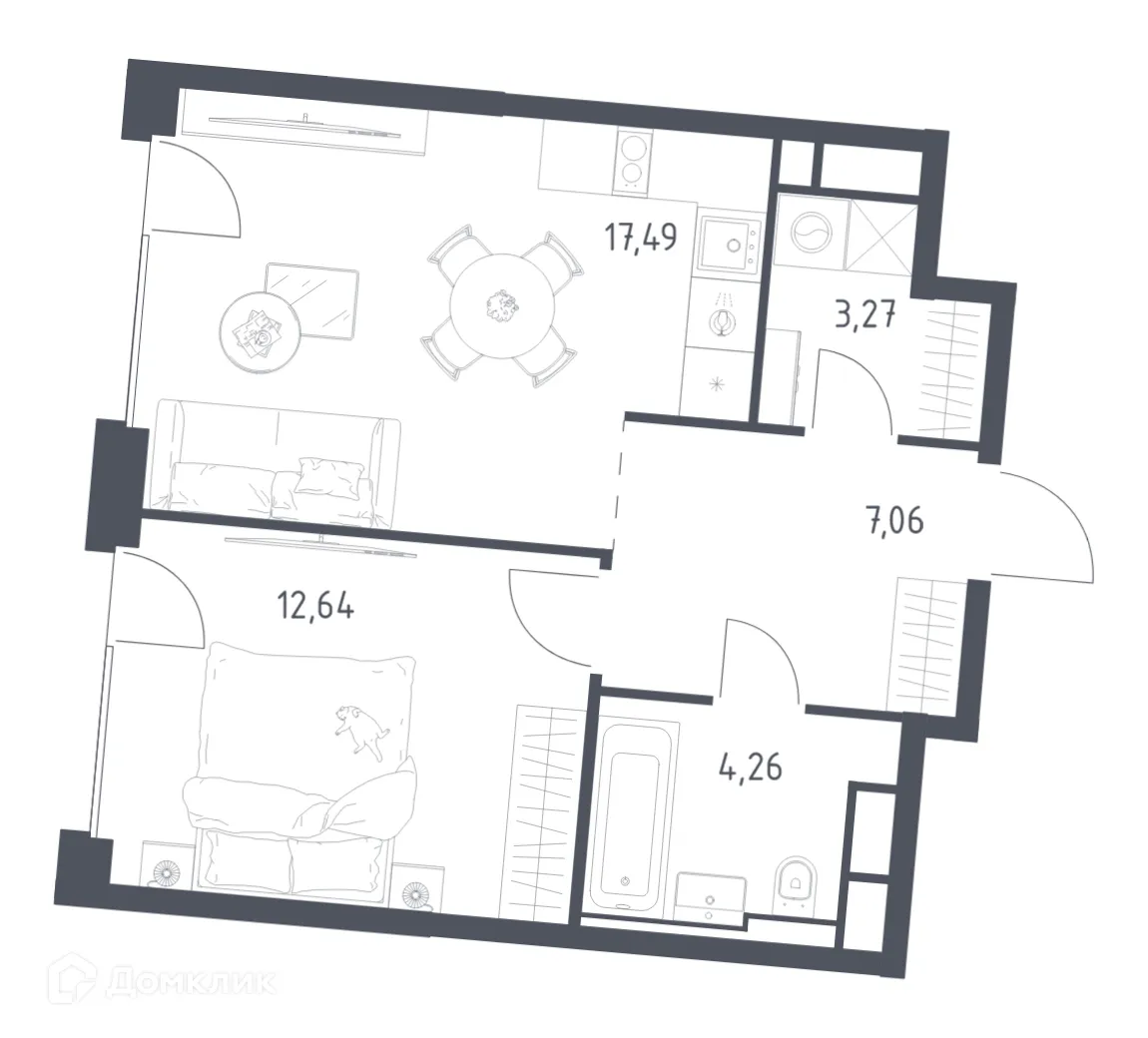 Планировка 1-комнатной квартиры 44.72 м² в ЖК Графика на воде, г. Москва — фото 1