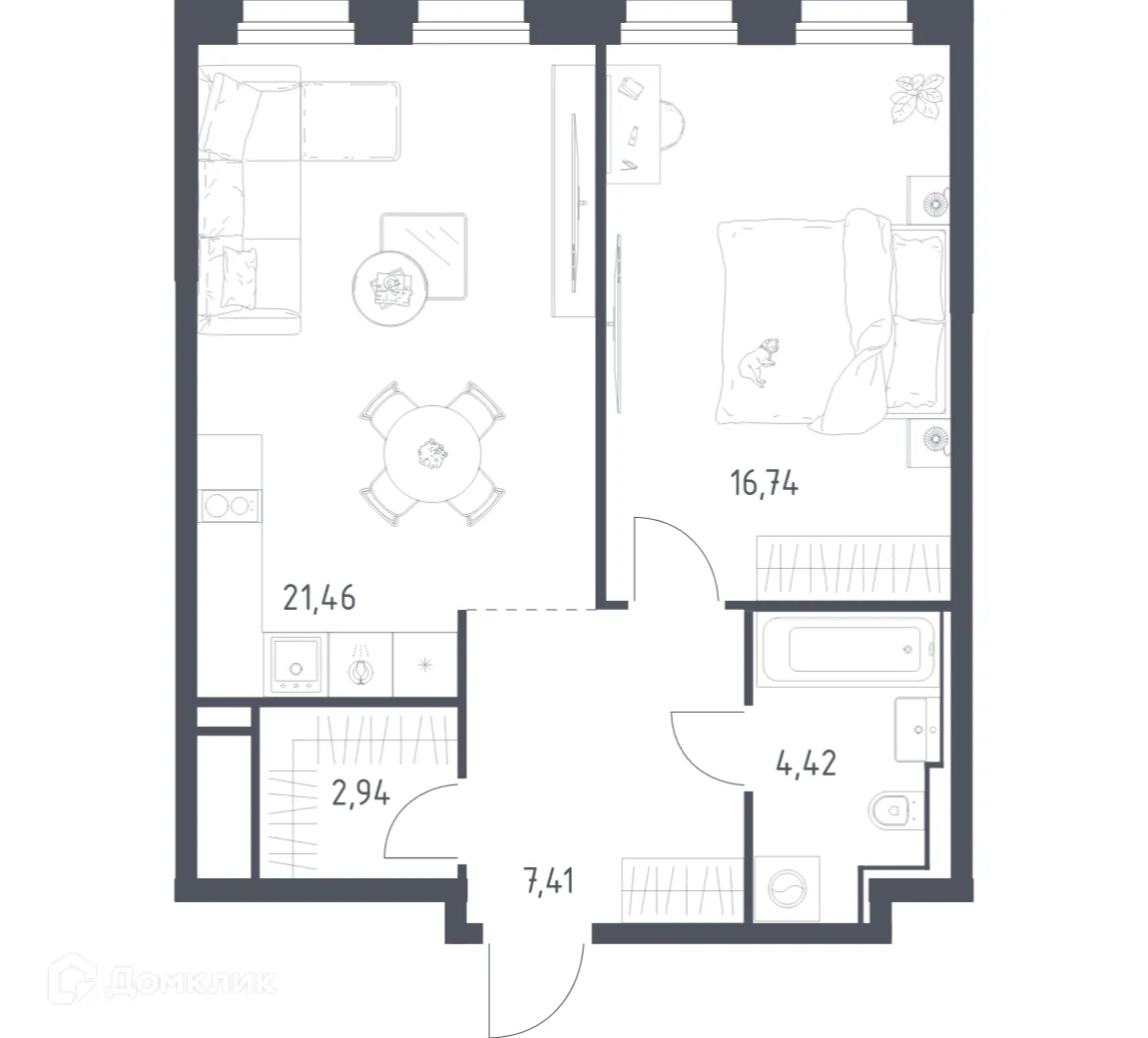 Планировка 1-комнатной квартиры 52.97 м² в ЖК Графика на воде, г. Москва — фото 1