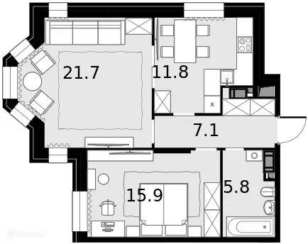 Планировка 2-комнатной квартиры 62 м² в ЖК Театральный квартал, г. Москва — фото 1