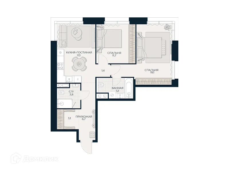 Планировка 2-комнатной квартиры 68.7 м² в Клубный проект Кутузов Сити, г. Москва — фото 1