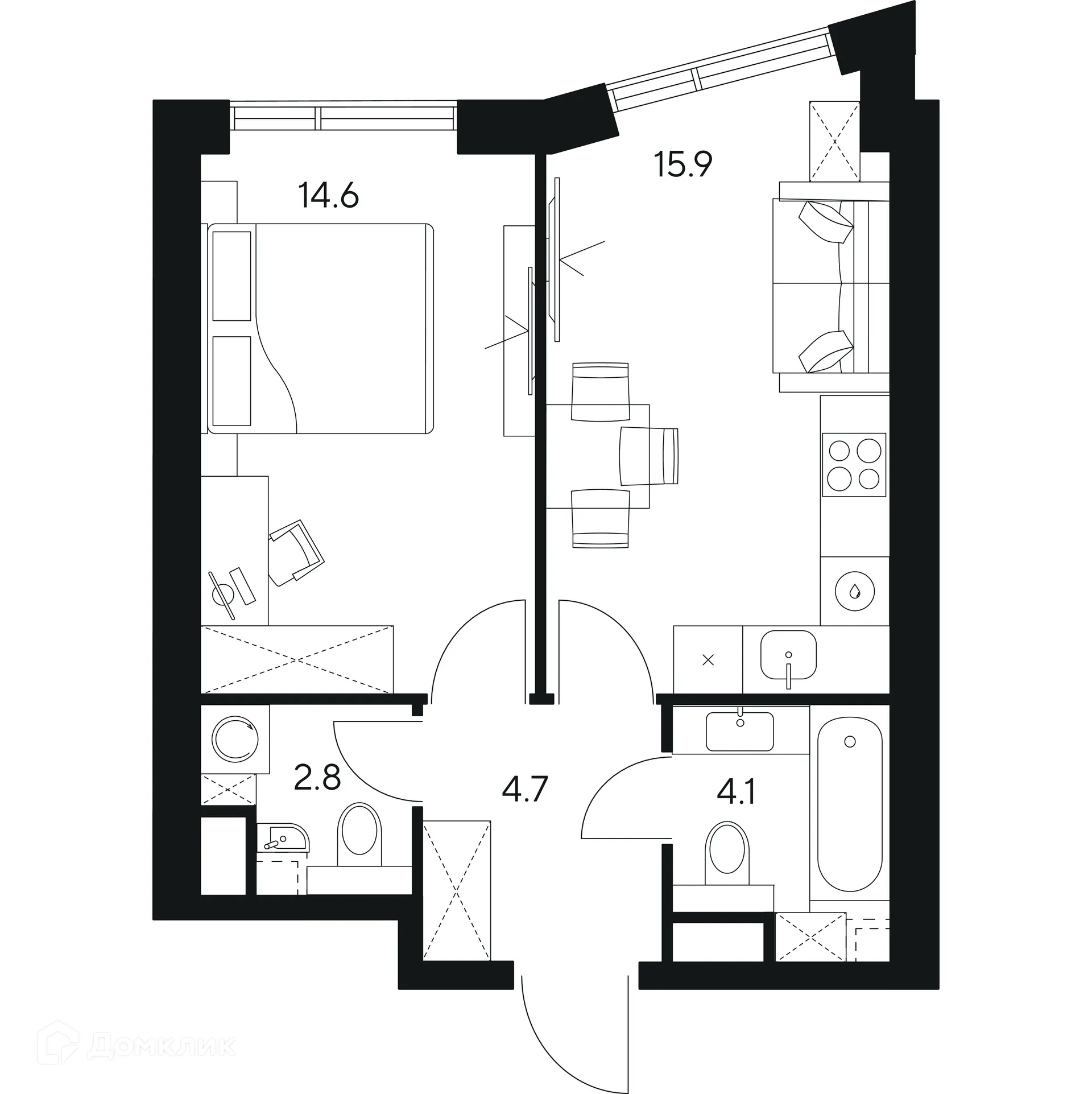 Планировка 1-комнатной квартиры 42.1 м² в Нексус от Аквилон, г. Москва — фото 1