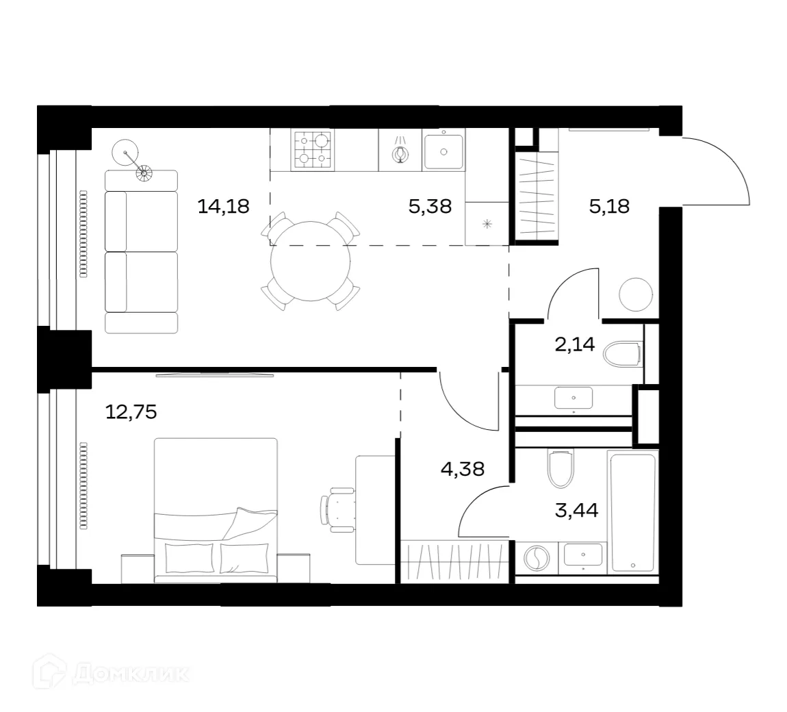 Планировка 1-комнатной квартиры 47.45 м² в ЖК NOVA (НОВА), г. Москва — фото 1