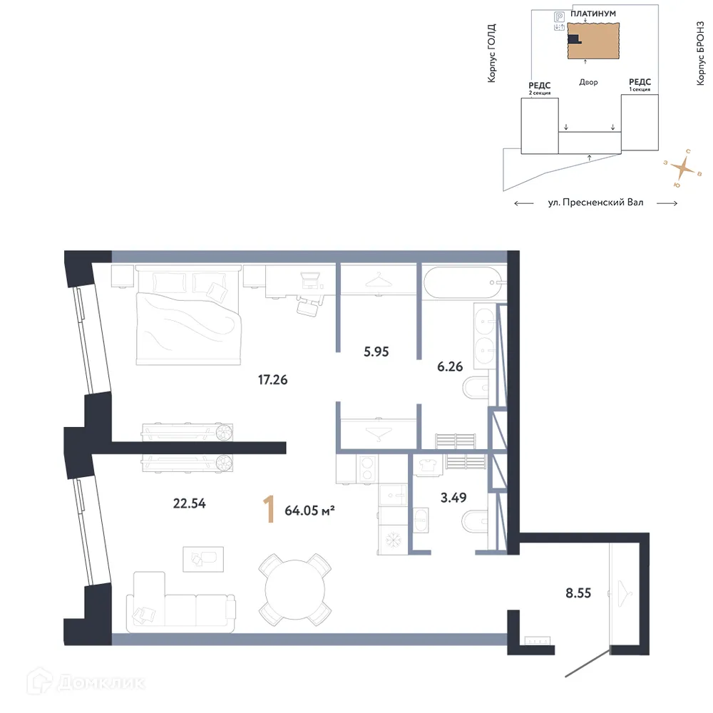 Планировка 1-комнатной квартиры 64.05 м² в ЖК REPUBLIC (РЕПАБЛИК), г. Москва — фото 1