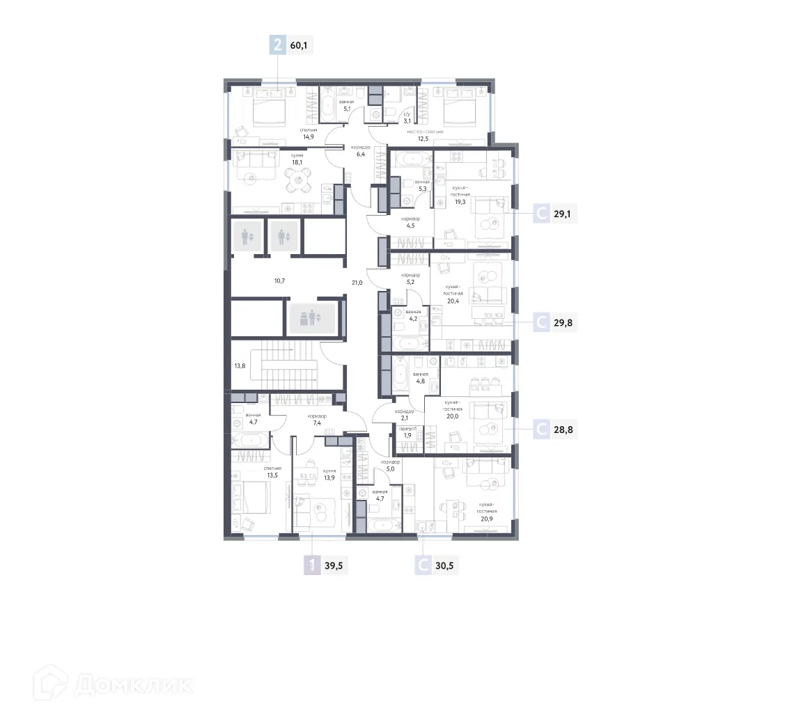 Планировка 2-комнатной квартиры 60.1 м² в ЖК "Сиреневый парк", г. Москва — фото 2