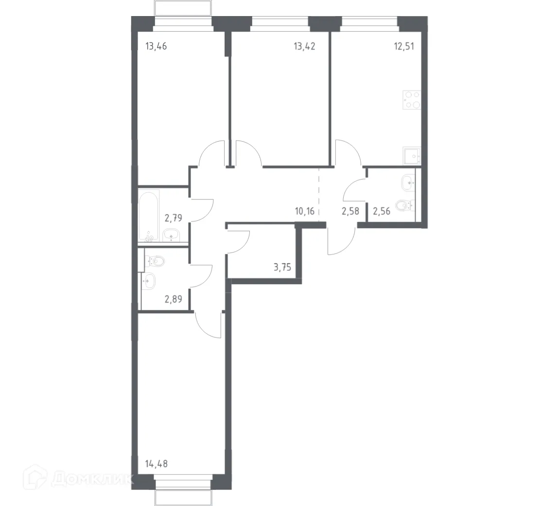 Планировка 3-комнатной квартиры 78.6 м² в ЖК Новое Внуково, г. Москва — фото 1