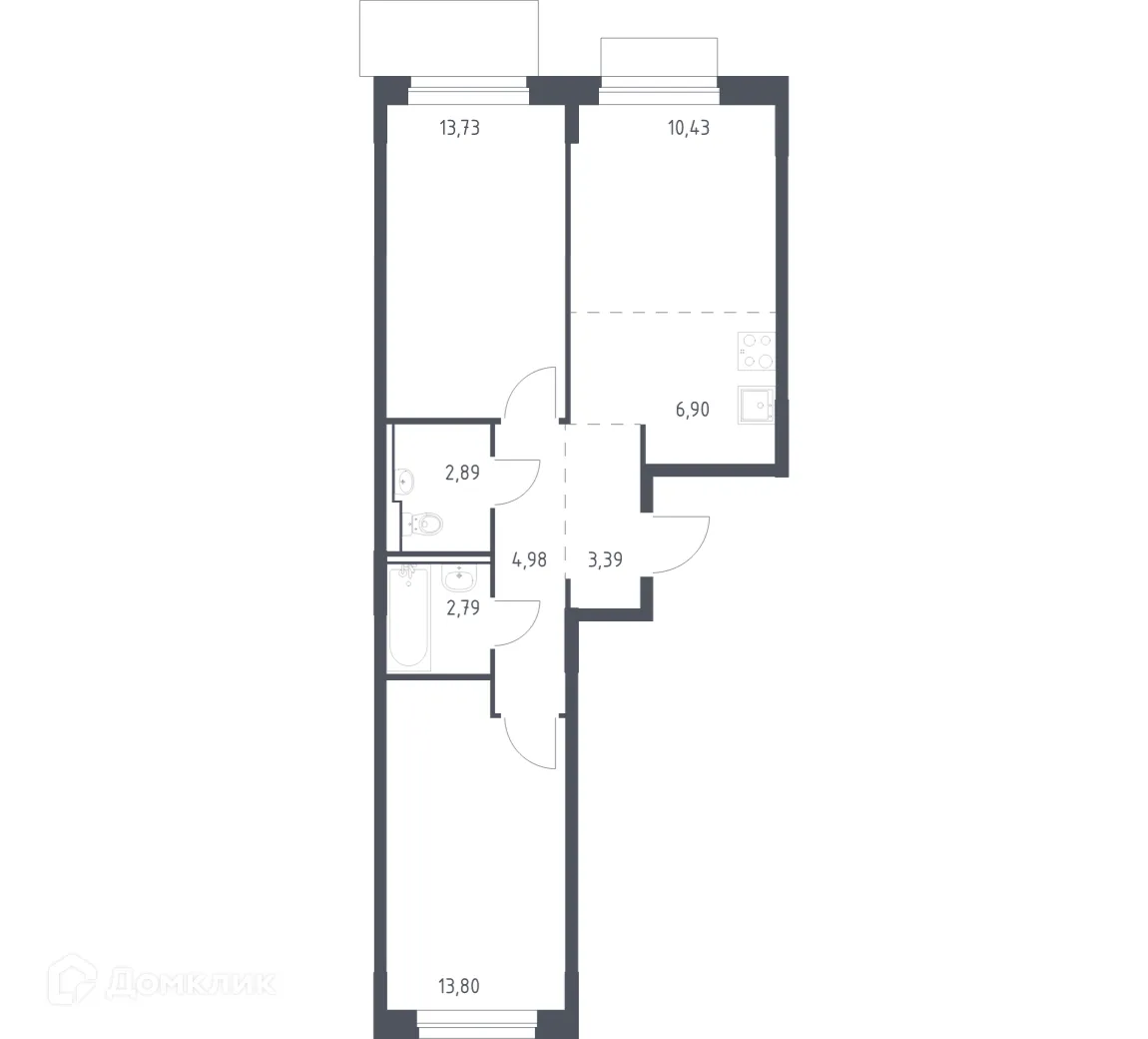 Планировка 2-комнатной квартиры 58.91 м² в ЖК Новое Внуково, г. Москва — фото 1