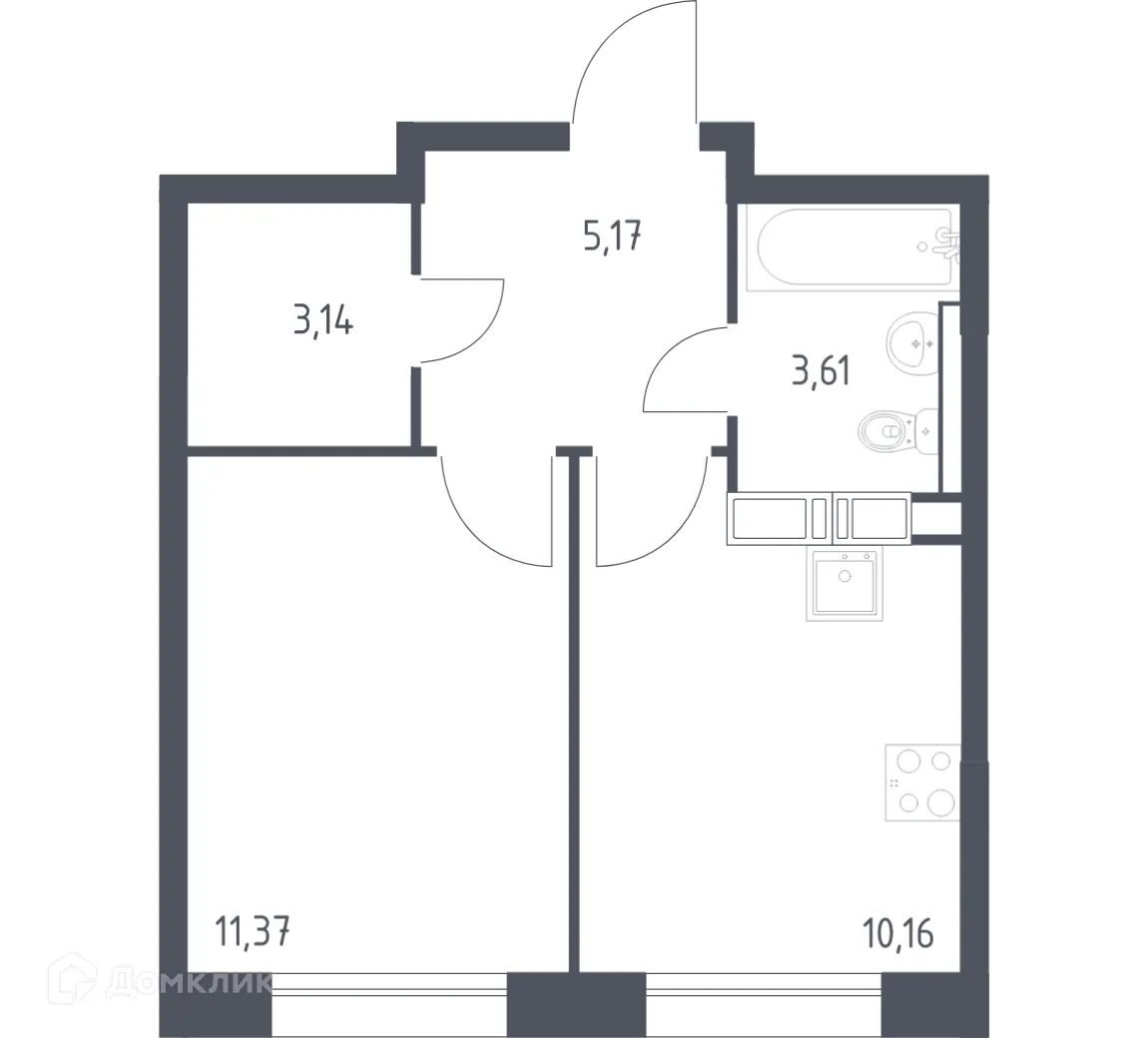 Планировка 1-комнатной квартиры 33.45 м² в ЖК Цветочные поляны, г. Москва — фото 1