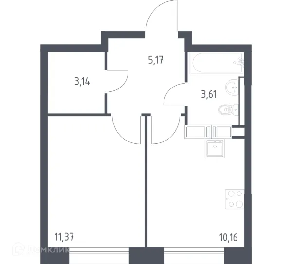 Планировка 1 комн. в ЖК Цветочные поляны