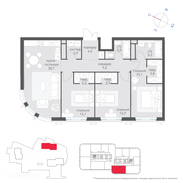 Планировка 3 комн. в ЖК Татарская 35