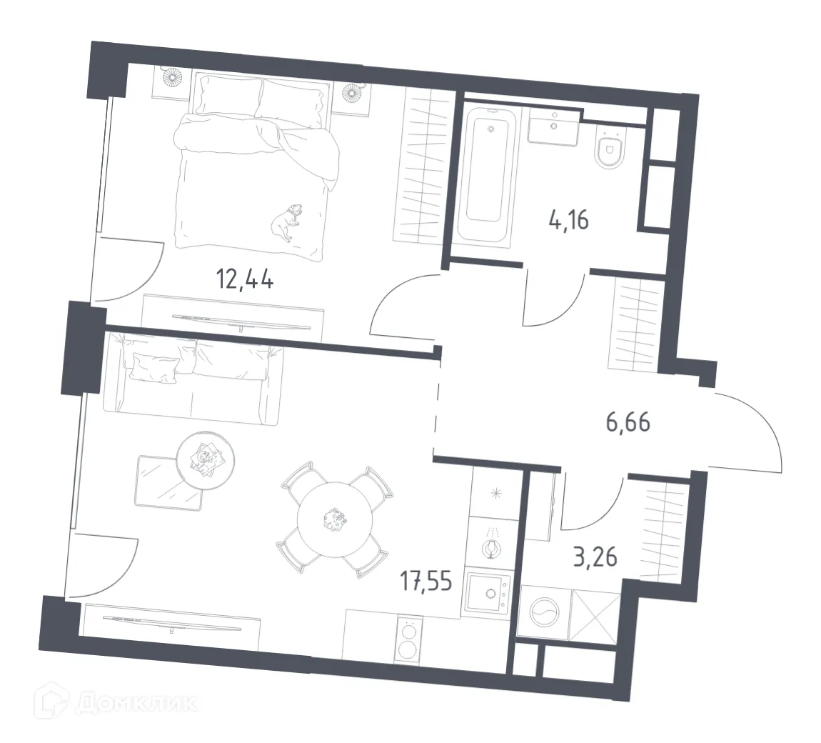 Планировка 1-комнатной квартиры 44.07 м² в ЖК Графика на воде, г. Москва — фото 1