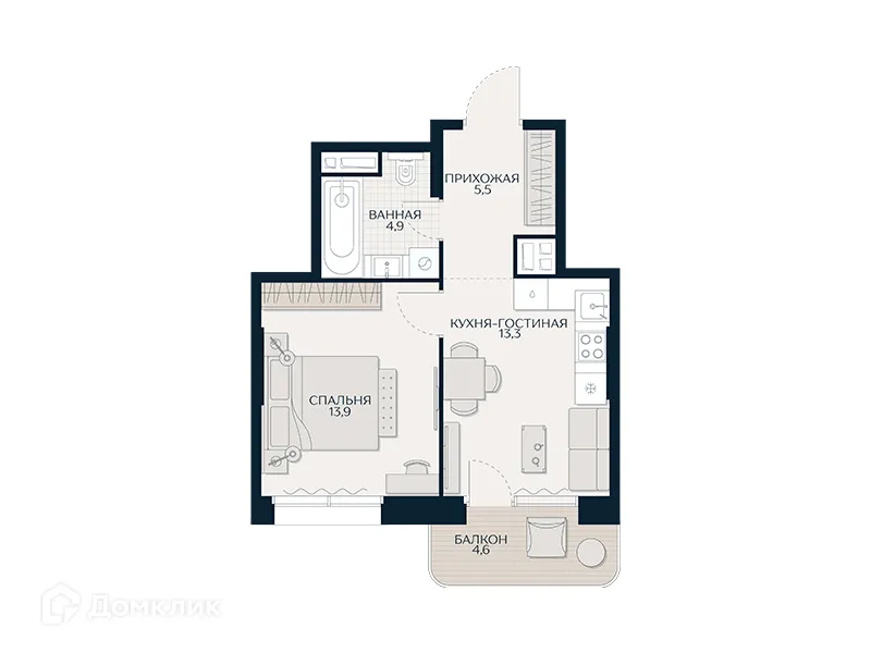 Планировка 1-комнатной квартиры 38.9 м² в Клубный проект Кутузов Сити, г. Москва — фото 1