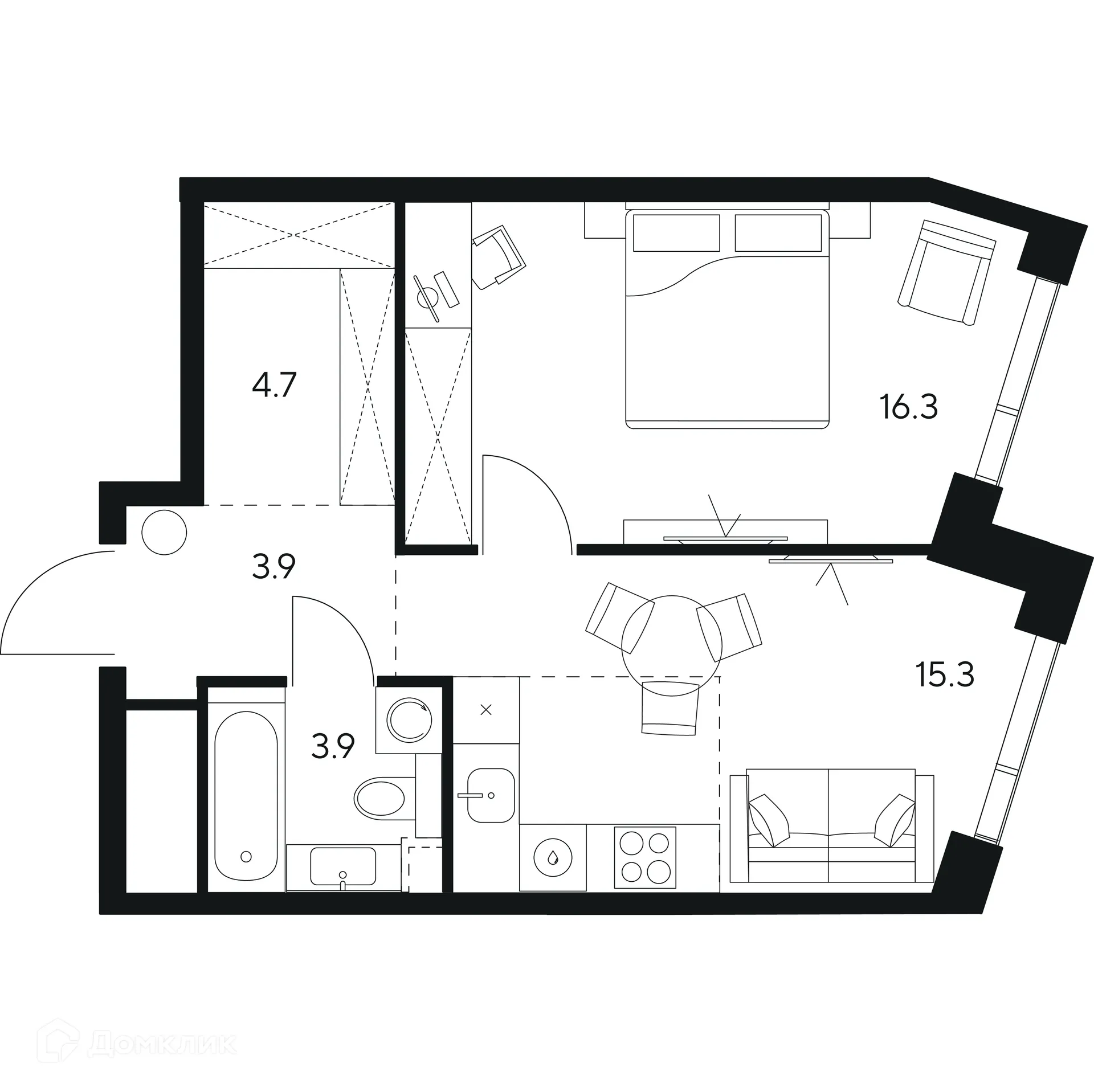 Планировка 1-комнатной квартиры 44.1 м² в Нексус от Аквилон, г. Москва — фото 1