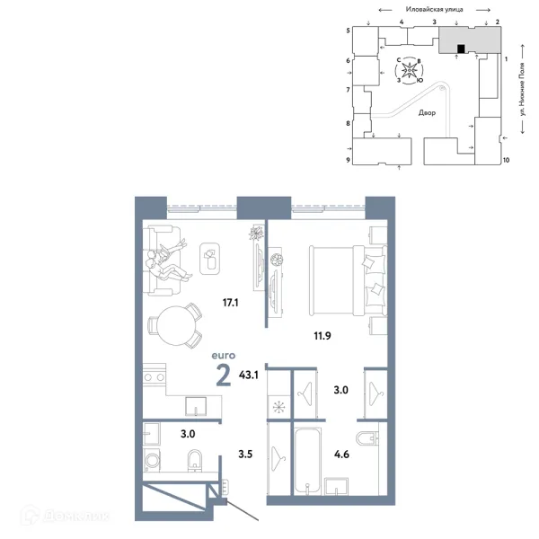 Планировка 2 комн. в ЖК СТРАНА.ЗАРЕЧНАЯ