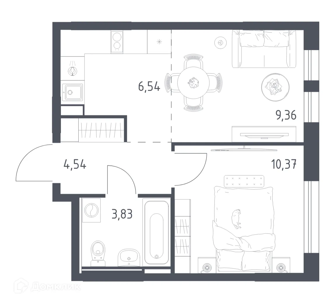 Планировка 1-комнатной квартиры 34.64 м² в ЖК  Остафьево, г. Москва — фото 1