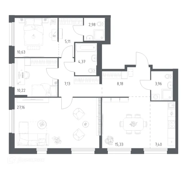 Планировка 3 комн. в ЖК Новое Внуково
