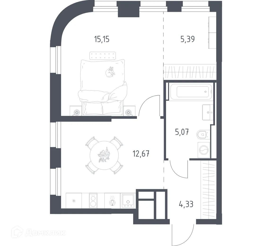Планировка 1-комнатной квартиры 42.61 м² в ЖК Графика на воде, г. Москва — фото 1