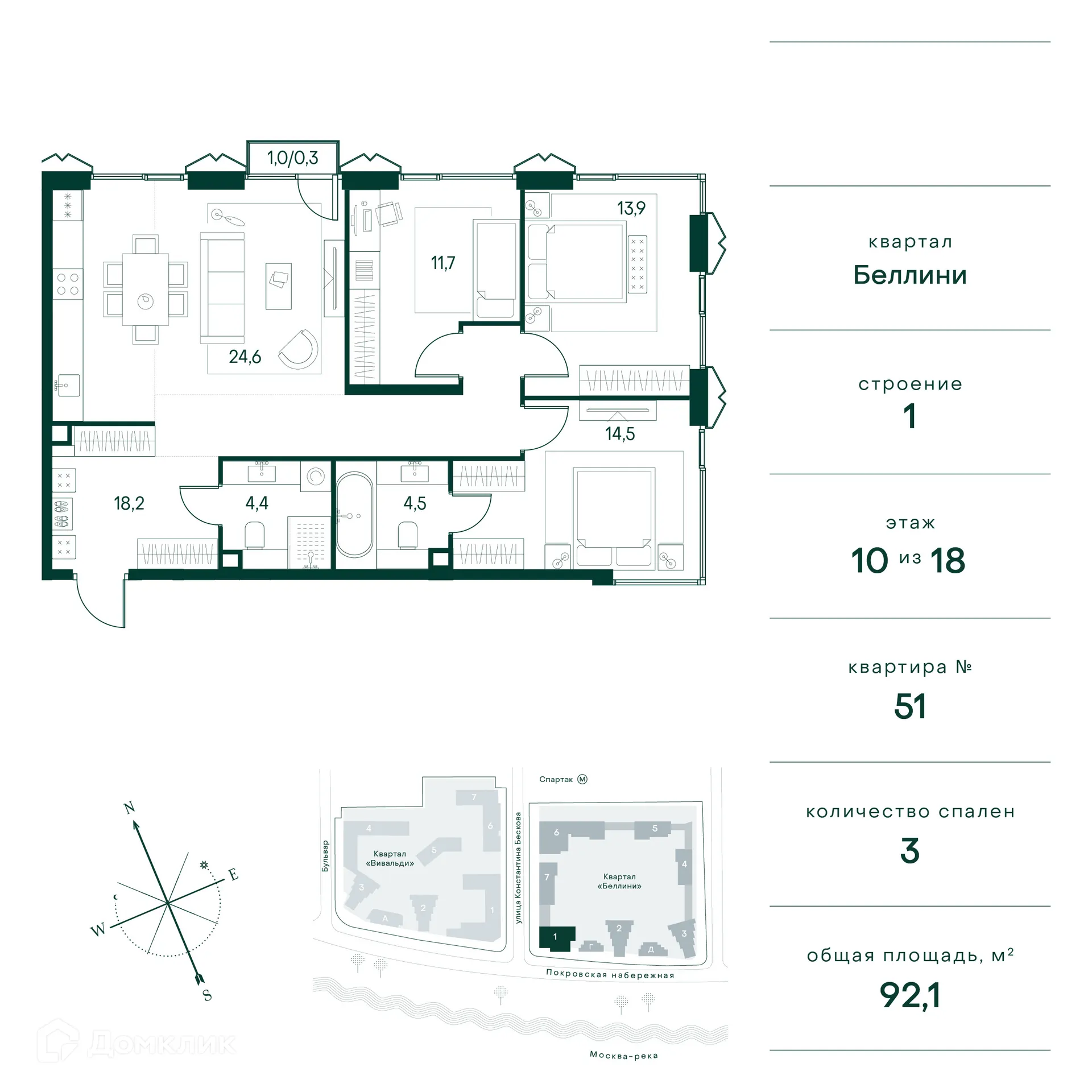 Планировка 3-комнатной квартиры 92 м² в ЖК "Клубный город на реке Primavera" (Клубный город на реке Примавера), г. Москва — фото 1