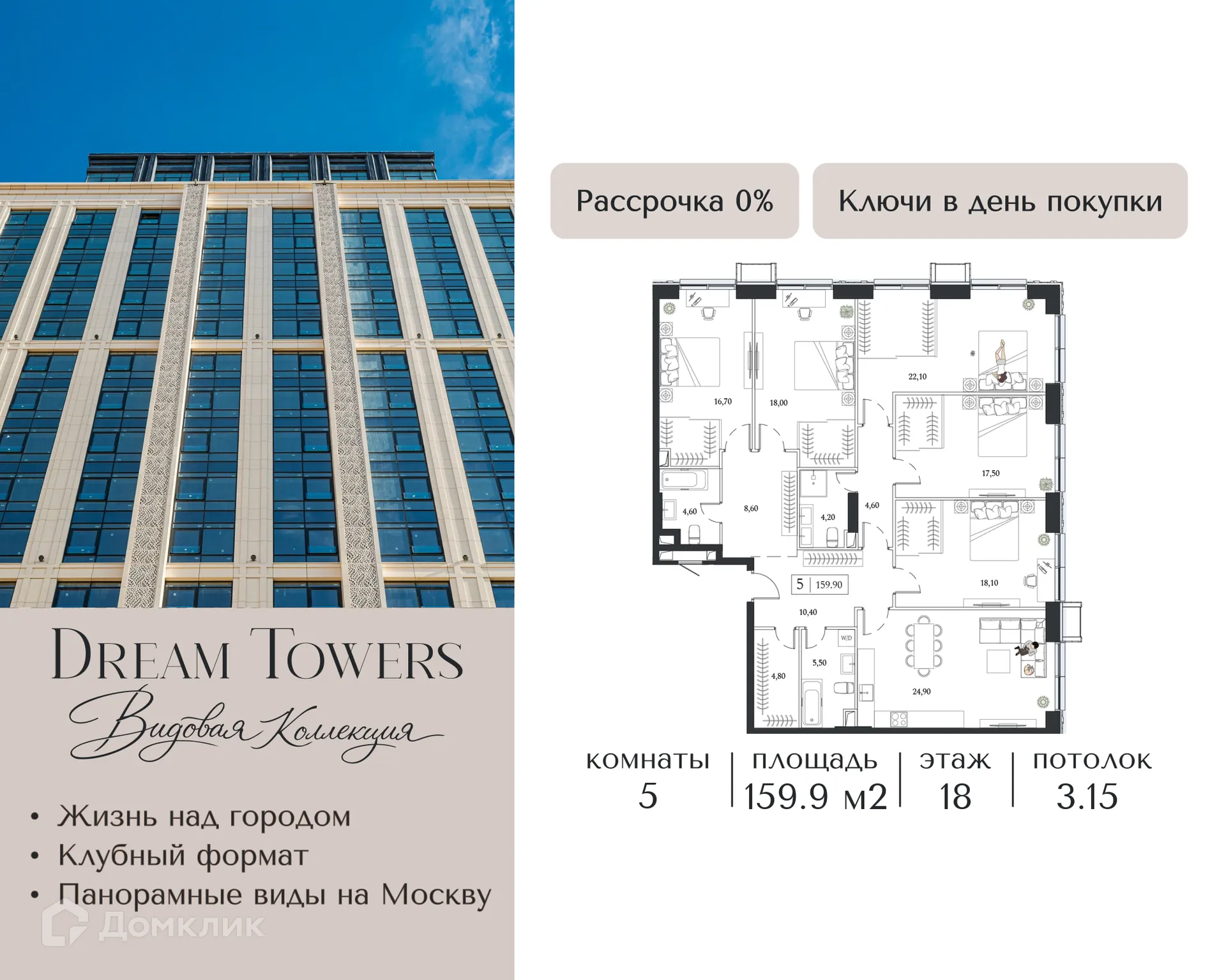 Планировка 5-комнатной квартиры 159.9 м² в ЖК "Dream Towers (Дрим Тауэрс)", г. Москва — фото 1