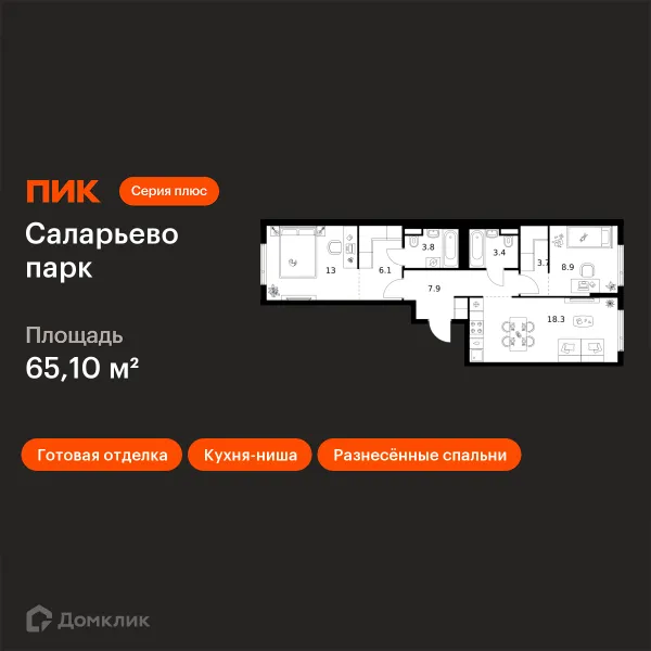 Планировка 2 комн. в ЖК Саларьево парк