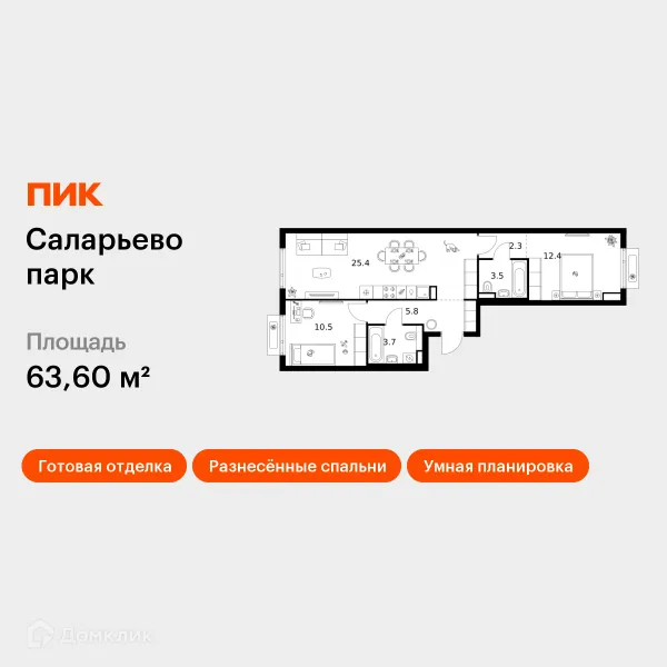 Планировка 2 комн. в ЖК Саларьево парк