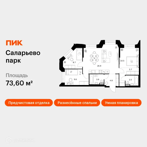 Планировка 3 комн. в ЖК Саларьево парк