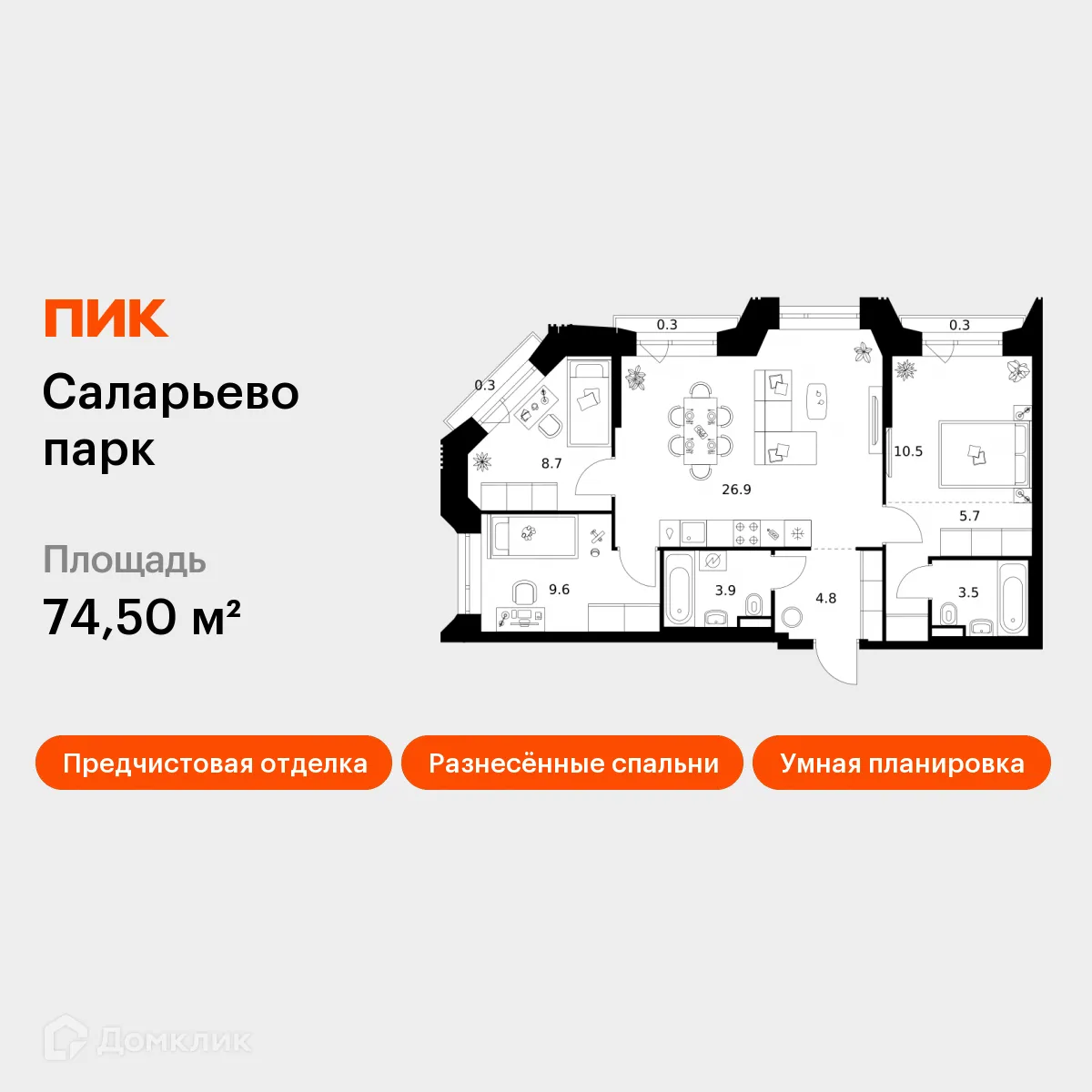Планировка 3-комнатной квартиры 74.5 м² в ЖК Саларьево парк, г. Москва — фото 1