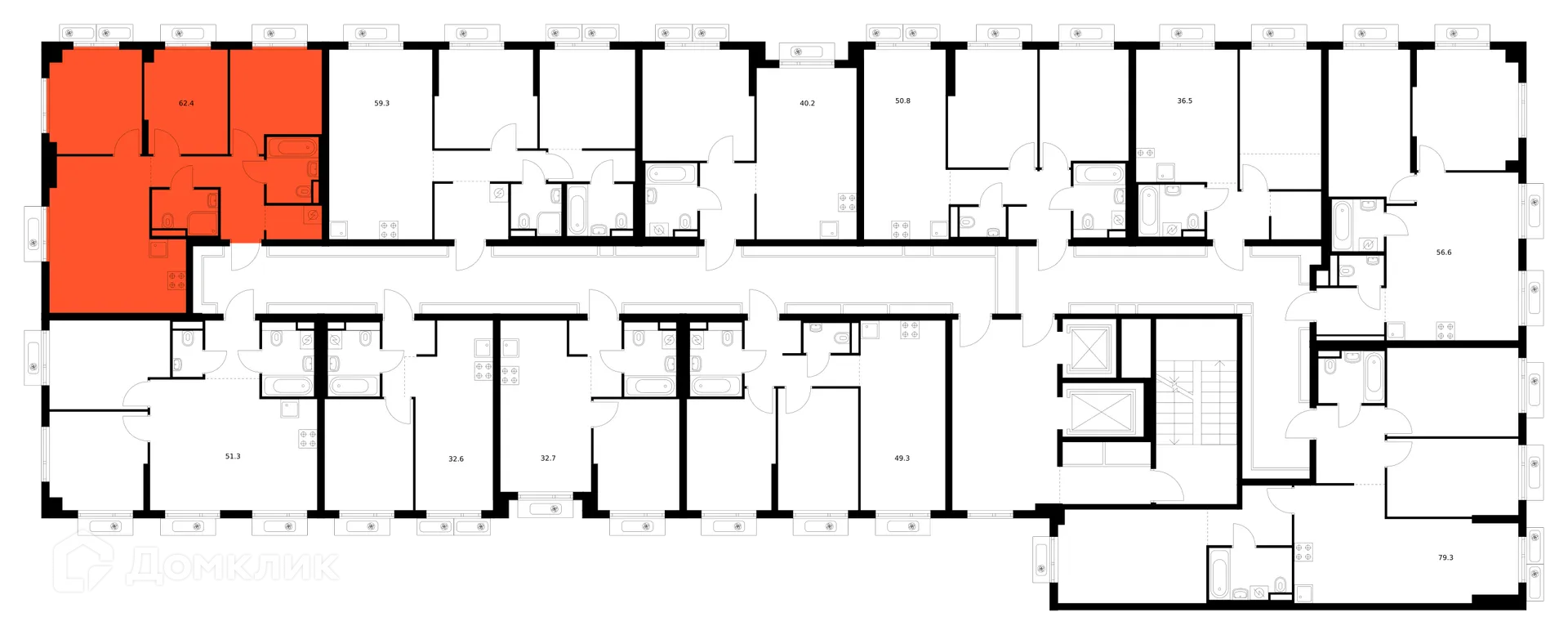 Планировка 3-комнатной квартиры 62.4 м² в ЖК Саларьево парк, г. Москва — фото 2