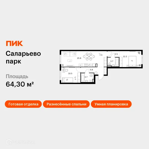Планировка 2 комн. в ЖК Саларьево парк