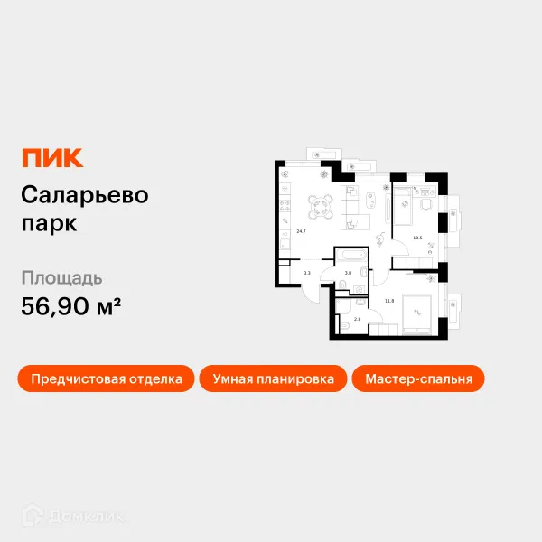 Планировка 2 комн. в ЖК Саларьево парк