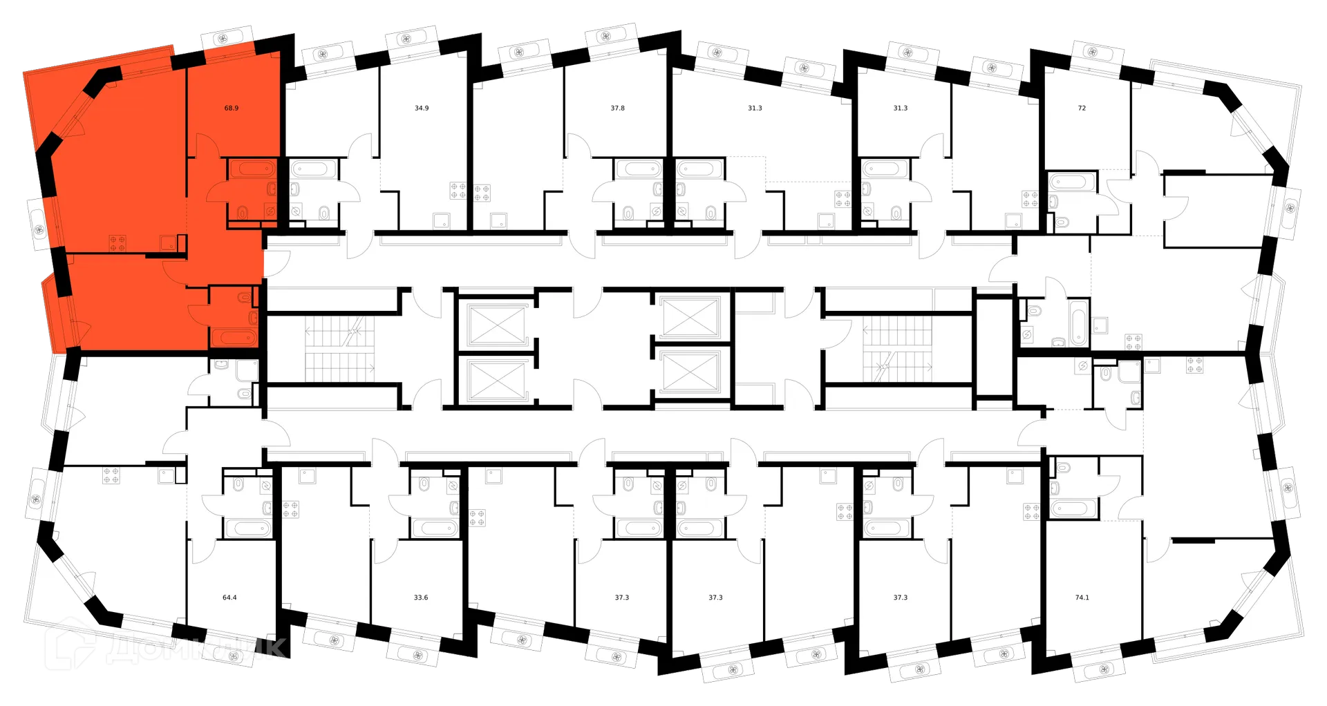 Планировка 2-комнатной квартиры 68.9 м² в ЖК Саларьево парк, г. Москва — фото 2