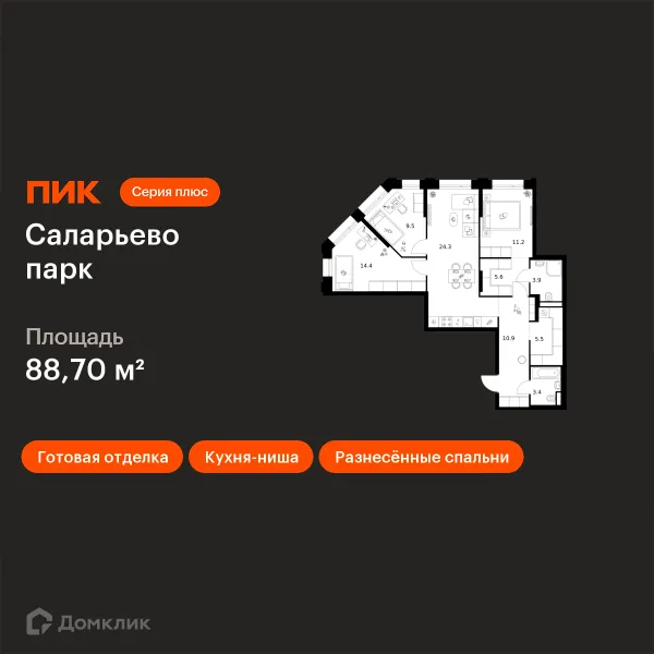 Планировка 3 комн. в ЖК Саларьево парк