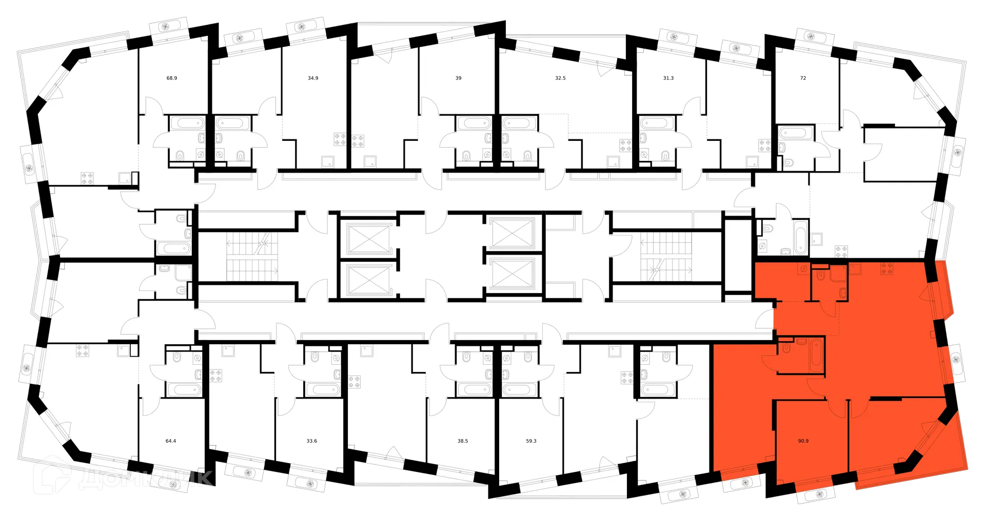Планировка 3-комнатной квартиры 90.9 м² в ЖК Саларьево парк, г. Москва — фото 2