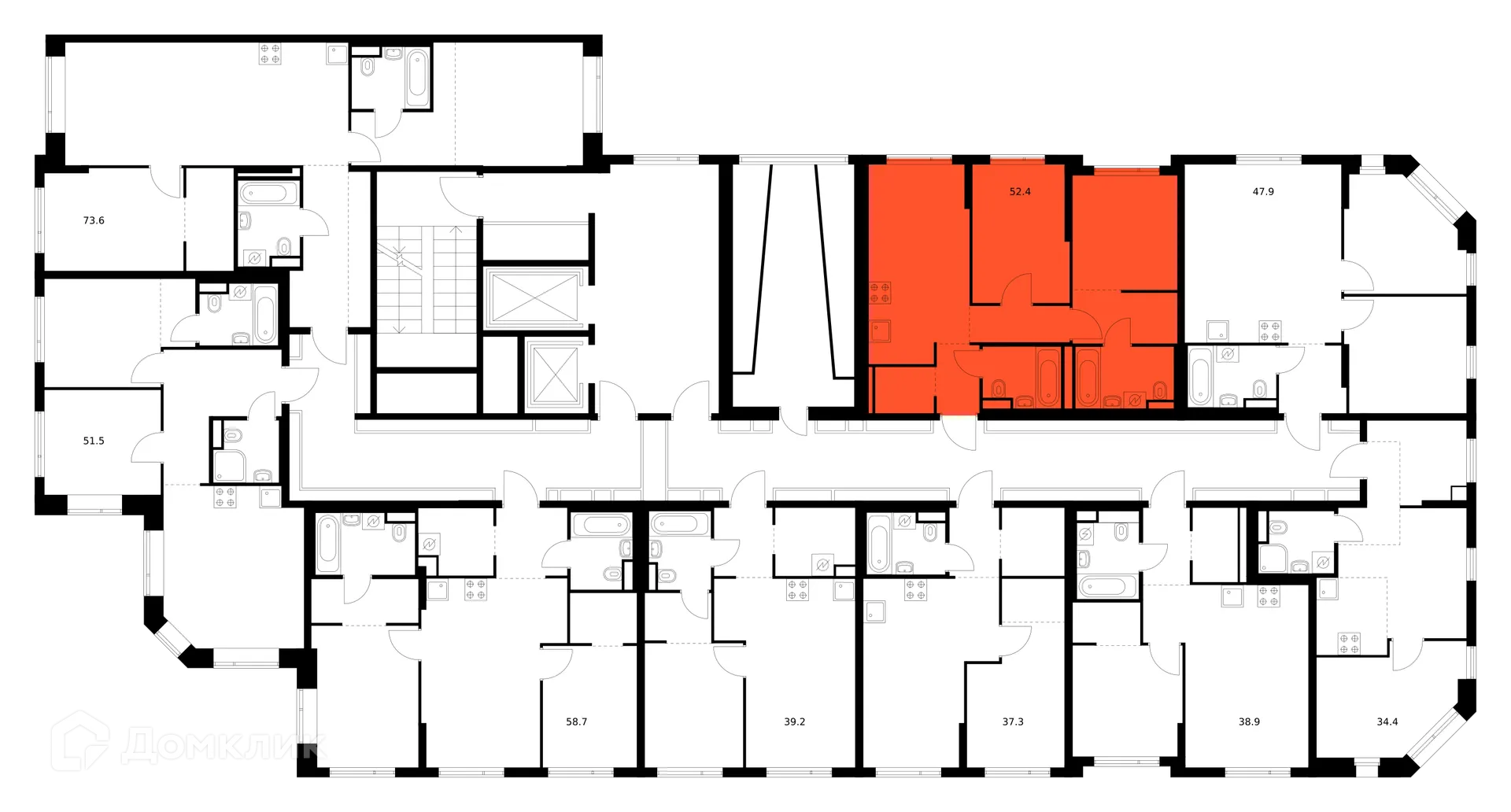 Планировка 2-комнатной квартиры 52.4 м² в ЖК Саларьево парк, г. Москва — фото 2