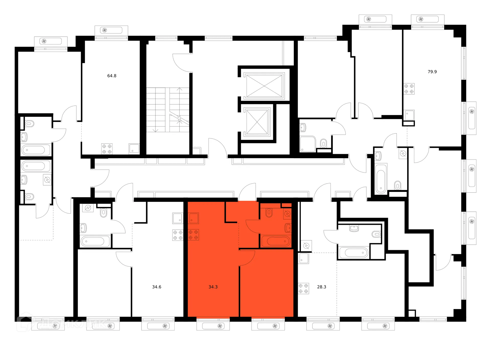 Планировка 1-комнатной квартиры 34.3 м² в ЖК Саларьево парк, г. Москва — фото 2
