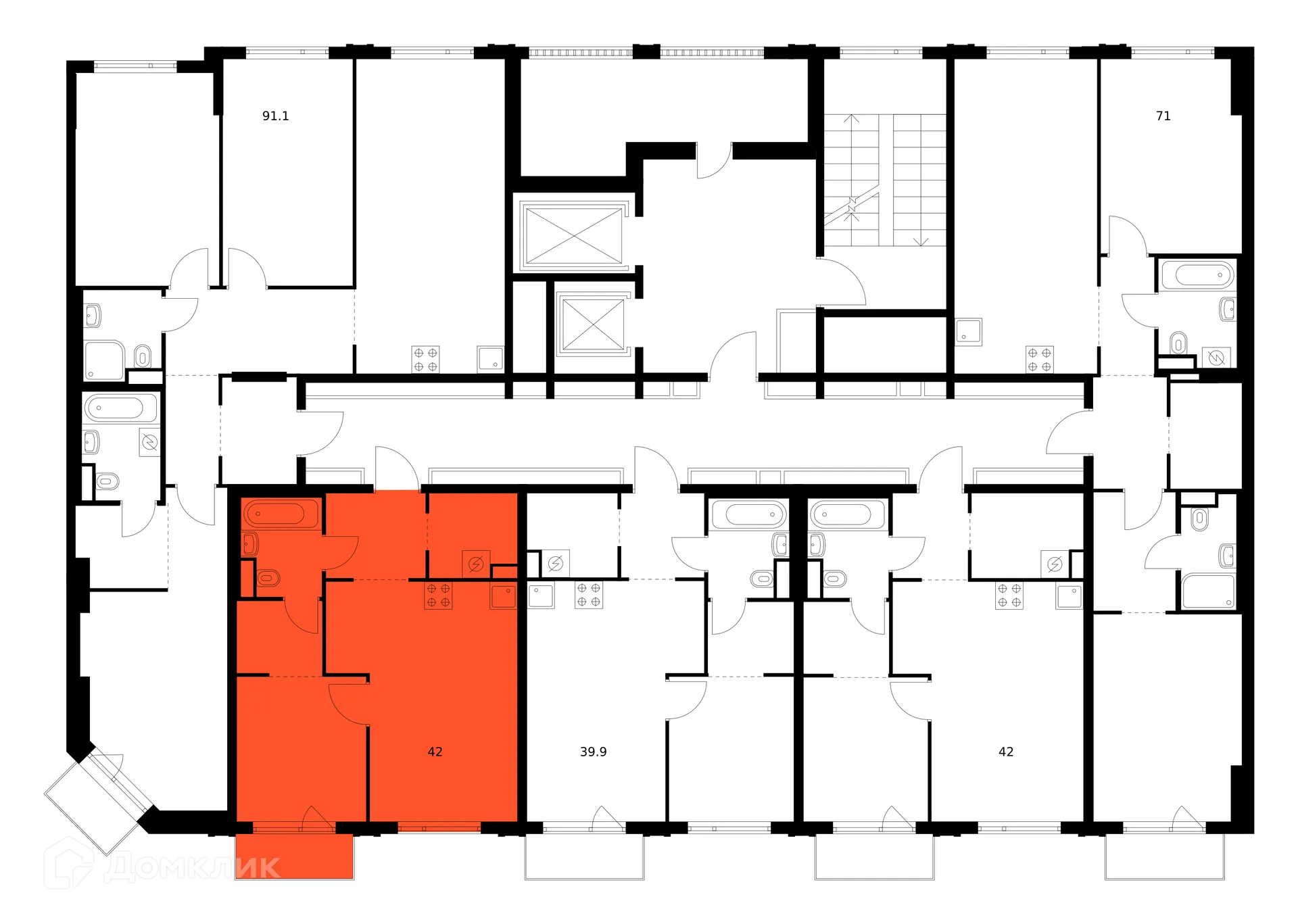 Планировка 1-комнатной квартиры 42 м² в ЖК Саларьево парк, г. Москва — фото 2