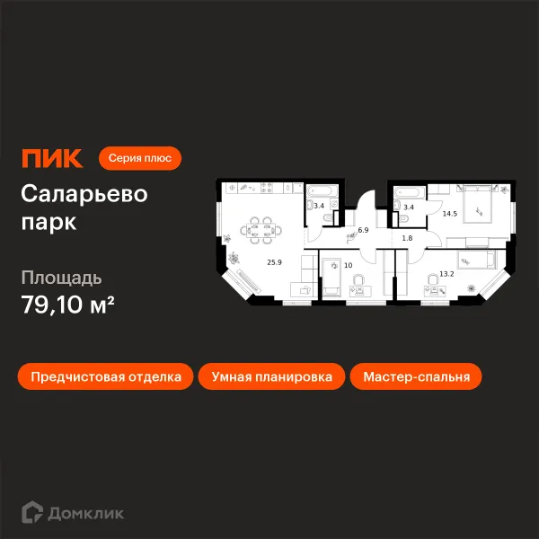 Планировка 3 комн. в ЖК Саларьево парк
