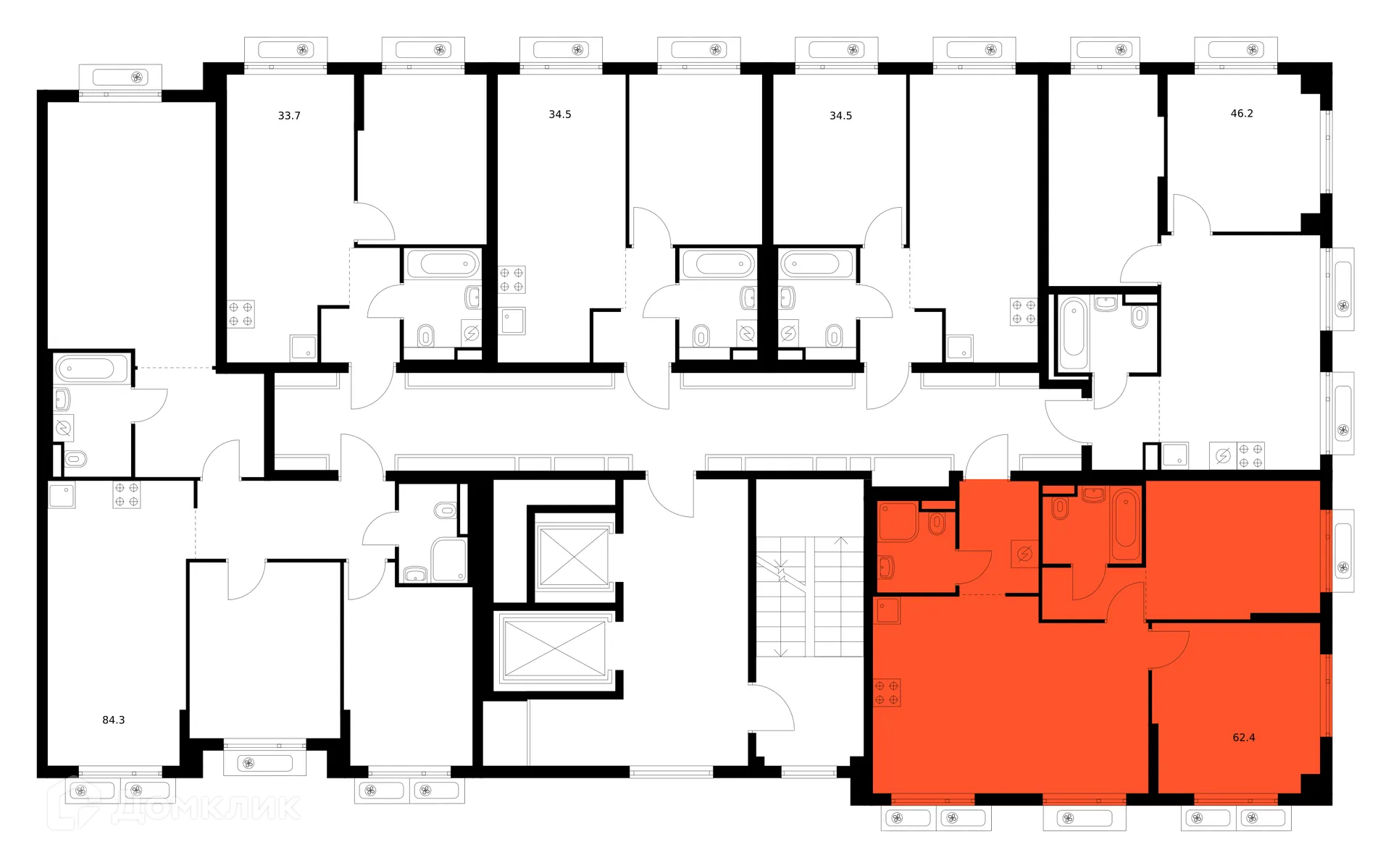 Планировка 2-комнатной квартиры 62.4 м² в ЖК Саларьево парк, г. Москва — фото 2