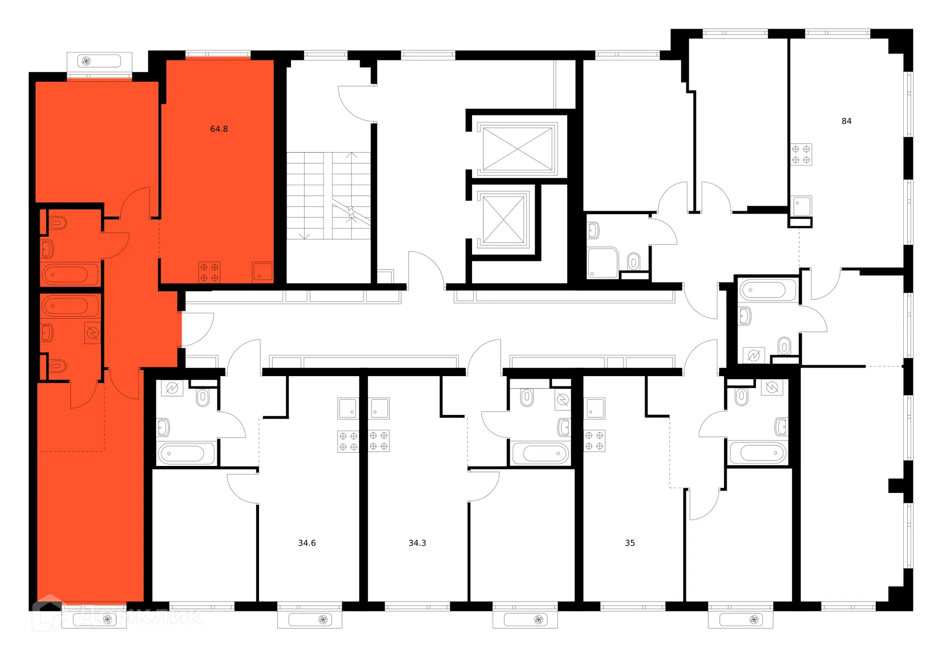 Планировка 2-комнатной квартиры 64.8 м² в ЖК Саларьево парк, г. Москва — фото 2